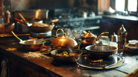 A rustic kitchen scene with copper pots bubbling with fragrant Indian dishesの素材