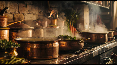 A rustic kitchen scene with copper pots bubbling with fragrant Indian dishesの素材