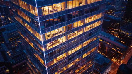 A modern office tower illuminated by dynamic LED lights, showcasing innovative architectural design and creating a striking visual landmark in the city skyline.の素材