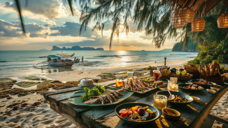 A serene Thai beachside dining experience with grilled seafood, coconut-based curries, and tropical fruit plattersの素材