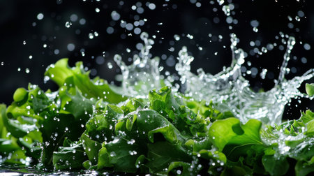 A refreshing splash of water on a pile of leafy greens, emphasizing the importance of hydration for optimal freshnessの素材