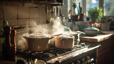 A rustic kitchen scene with pots simmering on the stove, capturing the essence of home-cooked mealsの素材