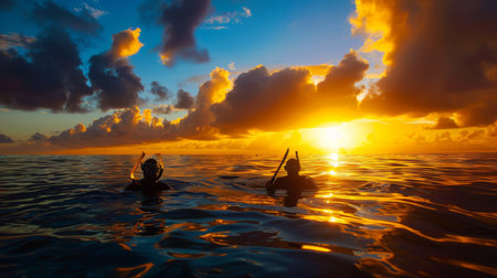 A serene sunset setting with silhouettes of snorkelers enjoying the last rays of light in calm, tropical watersの素材