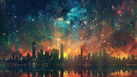 A panoramic view of a city skyline aglow with lights, with skyscrapers reaching towards the stars and creating a breathtaking tableau of urban beauty and splendor.の素材