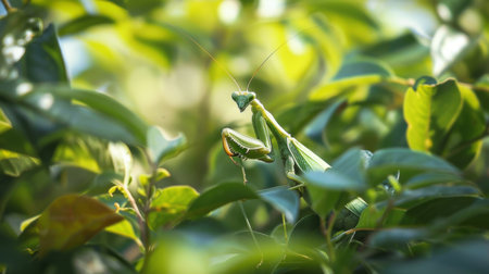 A praying mantis camouflaged among foliage, blending seamlessly into its arboreal habitatの素材