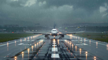 A passenger airliner touching down on a rain-slicked runway, its tires gripping the pavement as it completes a safe landing in challenging weather conditions, demonstrating the skill and professionalism of its crew.の素材