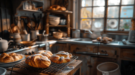 A rustic kitchen scene with freshly baked pastries cooling on a wire rack, filling the air with sweetnessの素材