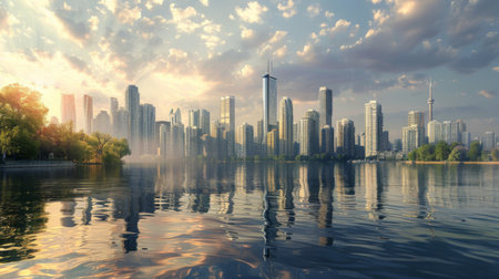 A riverside skyline punctuated by a towering high-rise, depicting the dynamic energy of a thriving city against the calm flow of the water.の素材