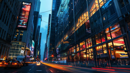 A skyscraper facade adorned with illuminated signage and dynamic lighting effects, capturing the attention of passersby and adding vibrancy to the city streets.の素材