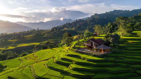 A rustic farmhouse nestled amidst rolling hills of emerald green rice terraces, where generations of farmers have labored to sustain their communities.の素材