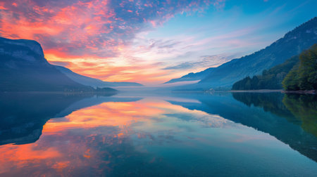 A serene lake reflecting the vibrant colors of sunrise, mirroring the beauty of the sky aboveの素材