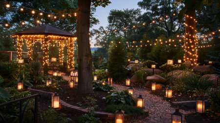 A magical garden adorned with shimmering string lights and glowing lanterns, creating a whimsical and enchanting atmosphere for evening gatherings and events.の素材