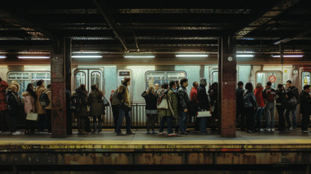A crowded platform at a subway station, commuters waiting eagerly for the arrival of their train amidst the hustle and bustle of urban transit.の素材