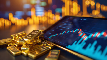 A digital tablet displaying gold price charts and market analysis tools, empowering investors with real-time informationの素材