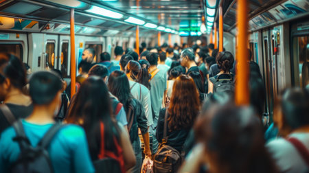 A crowded subway car during peak hours, commuters standing shoulder to shoulder as they travel together towards their destinations, illustrating the vitality of public transportation.の素材