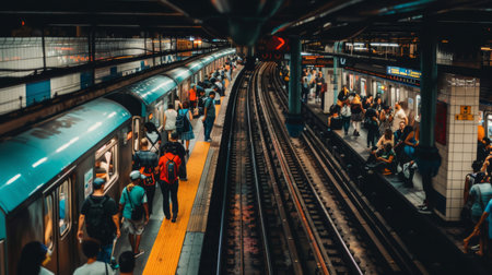 A crowded subway car during peak hours, commuters standing shoulder to shoulder as they travel togetherの素材