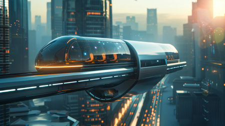 A futuristic monorail gliding above city streets, its sleek design and efficient operation representing the cutting edge of urban transportation technology.の素材