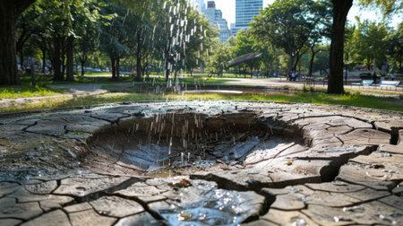 A cracked, dry fountain in a city park, representing the impact of drought on urban water systemsの素材