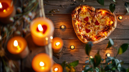 A cozy date night setting with candles and a heart-shaped pizza on a wooden tableの素材