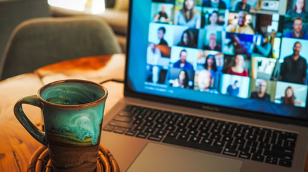 A group video call on laptops, showcasing efficient wireless communication in remote workの素材