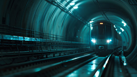 A metro train passing through an underground tunnel, its lights illuminating the darkness as it transports passengers swiftly and safely beneath the city streets.の素材