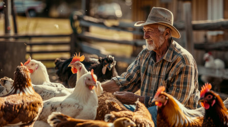 A farmer tends to his beloved animals in the barnyard of his rural homestead, their contented faces a testament to the bond between caretaker and creature.の素材