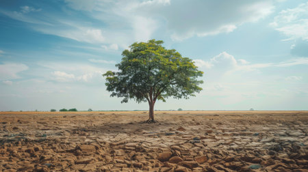 A lone tree standing amidst barren land, a stark reminder of resilience amidst droughtの素材