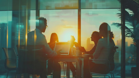 A group of colleagues brainstorming ideas together using wireless technology in a modern conference room, fostering teamwork and collaboration.の素材