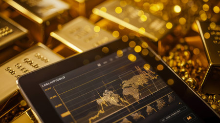 A digital tablet displaying gold price charts and market analysis tools, empowering investors with real-time informationの素材