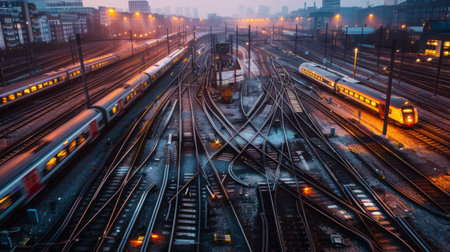 A network of railway tracks converging at a bustling transit hub, with trains departing and arriving amidst the hustle and bustle of urban life.の素材