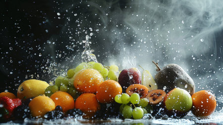A refreshing spray of water misting over a selection of ripe fruits, adding a touch of freshness to their appearanceの素材