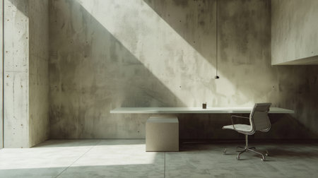 A minimalist study area with a sleek desk and modern office chair, surrounded by unadorned walls and bathed in natural light for focused and productive work sessions.の素材