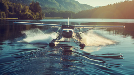 A seaplane gracefully touching down on the surface of a tranquil lake, its water skis creating ripples as it glides to a gentle stop, blending adventure with serenity.の素材