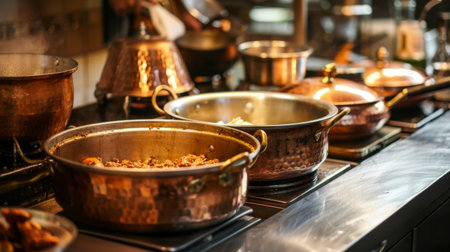 A rustic kitchen scene with copper pots bubbling with fragrant Indian dishesの素材