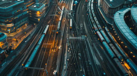 A network of railway tracks converging at a bustling transit hub, with trains departing and arriving amidst the hustle and bustle of urban life.の素材