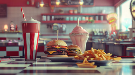 A retro diner counter with a milkshake, fries, and a cheeseburger, reminiscent of 1950s Americanaの素材