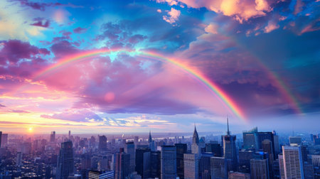 A rainbow stretching across the sky above a city skyline, bringing a moment of joy and wonder to urban life.の素材