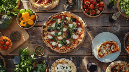 A rustic wooden table adorned with freshly baked pizza, topped with colorful ingredientsの素材