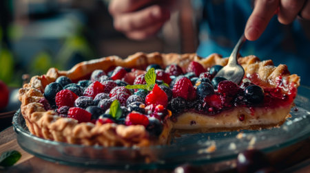 A slice of pie being served, with a golden crust and a generous filling of fresh fruitsの素材