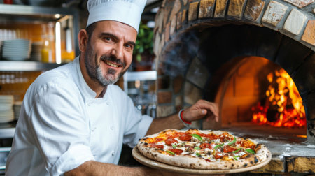 A smiling chef presenting a freshly baked pizza straight from the ovenの素材