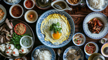 A traditional Thai breakfast spread with rice porridge, omelette, fermented sausage, and spicy condimentsの素材