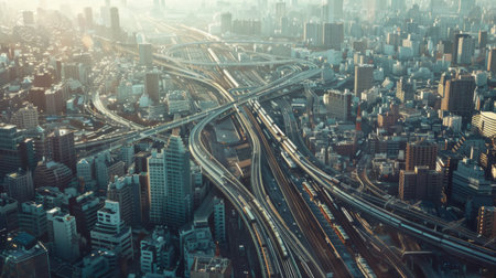 An aerial view of a sprawling metropolis, with a network of elevated railway tracks crisscrossing the cityscape, highlighting the interconnectedness of urban transit systems.の素材