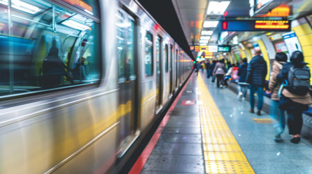 A train station platform bustling with commuters, as a modern metro train arrives to whisk passengers to their destinations, epitomizing the rhythm of urban travel.の素材