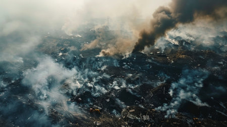 Aerial view of a landfill site emitting noxious fumes into the atmosphere, exacerbating air pollutionの素材