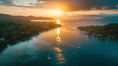 Aerial view of a coastal town as the sun emerges from the horizon, casting a golden reflection on the calm waters below, signaling the start of a new day's adventures.の素材