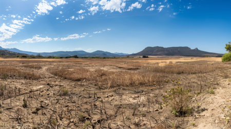 A withered, parched landscape under a cloudless sky, symbolizing the severity of droughtの素材