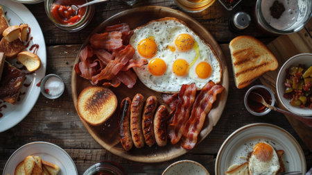 An aerial view of a classic American breakfast spread with eggs, bacon, sausage, and toastの素材