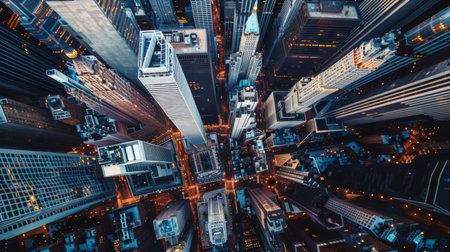 An aerial view of a bustling cityscape with towering skyscrapers reaching for the skyの素材