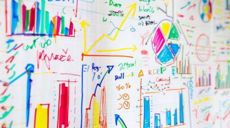 A whiteboard covered with colorful markers drawing a detailed business graph, with arrows and annotations illustrating key points and trends.の素材