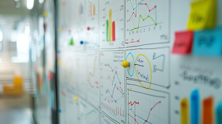 A whiteboard covered with colorful markers drawing a detailed business graph, with arrows and annotations illustrating key points and trends.の素材